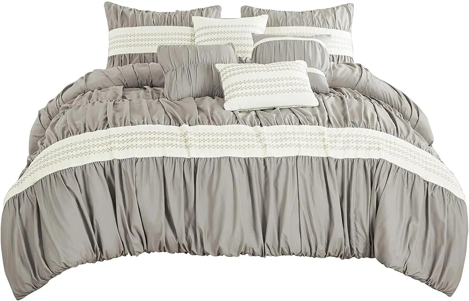 Ensemble de couette Queen de luxe gris, microcarence rayée, polyester, 7 pièces