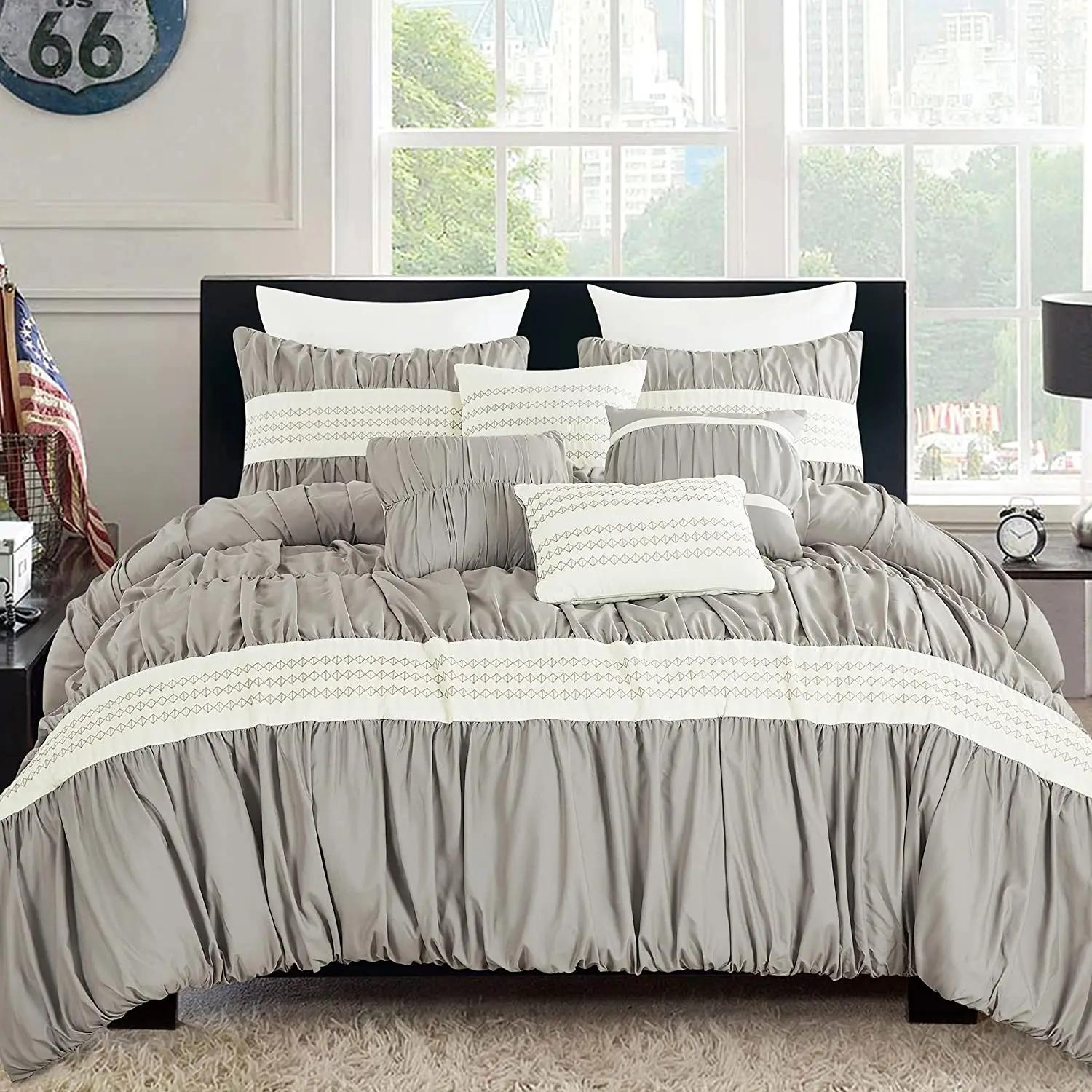 Ensemble de couette Queen de luxe gris, microcarence rayée, polyester, 7 pièces
