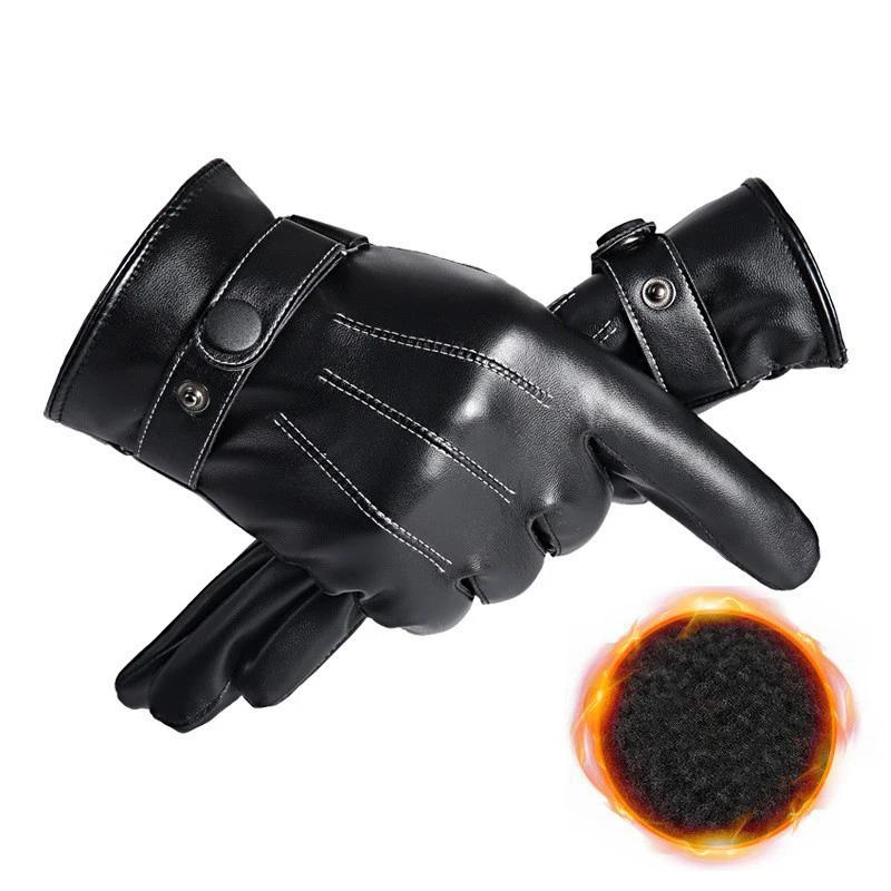 Gants coupe-vent en cuir PU pour hommes, mitaines chaudes à boutons, noir, sports de plein air, cond