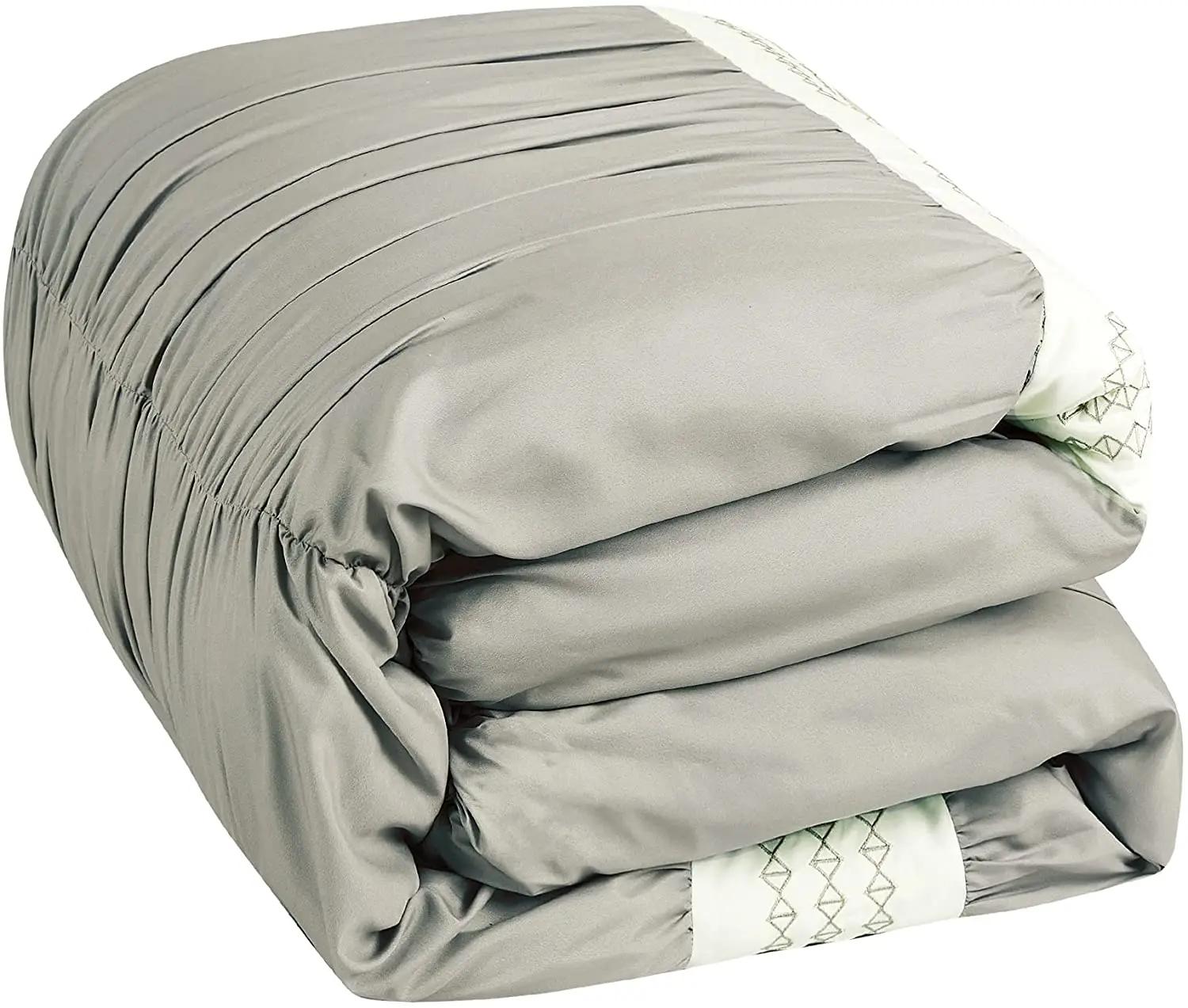 Ensemble de couette Queen de luxe gris, microcarence rayée, polyester, 7 pièces