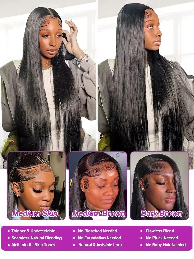 Perruque lace front 13x6 lisse pour femmes cheveux humains brésiliens HD lace pré épilée sans colle 