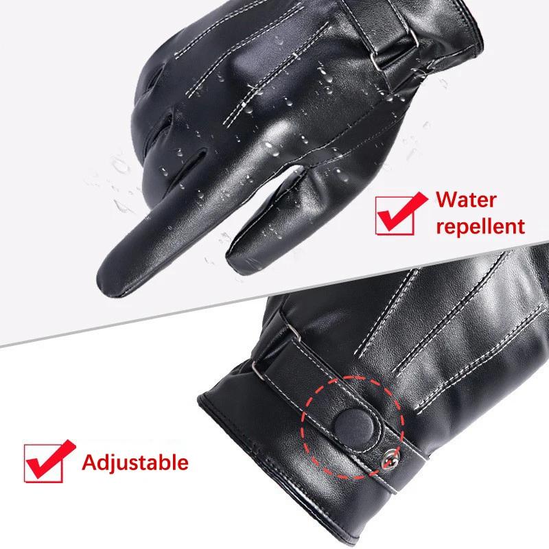 Gants coupe-vent en cuir PU pour hommes, mitaines chaudes à boutons, noir, sports de plein air, cond