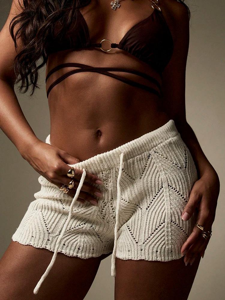 Short à cordon tricoté au crochet fait à la main, couverture de plage confortable et décontractée, v