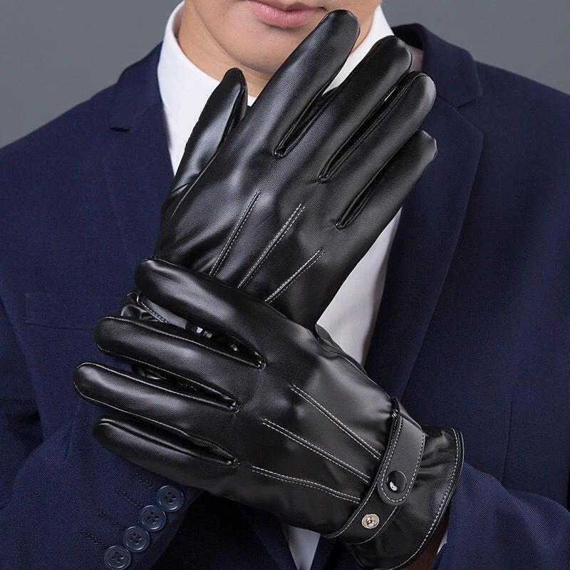 Gants coupe-vent en cuir PU pour hommes, mitaines chaudes à boutons, noir, sports de plein air, cond