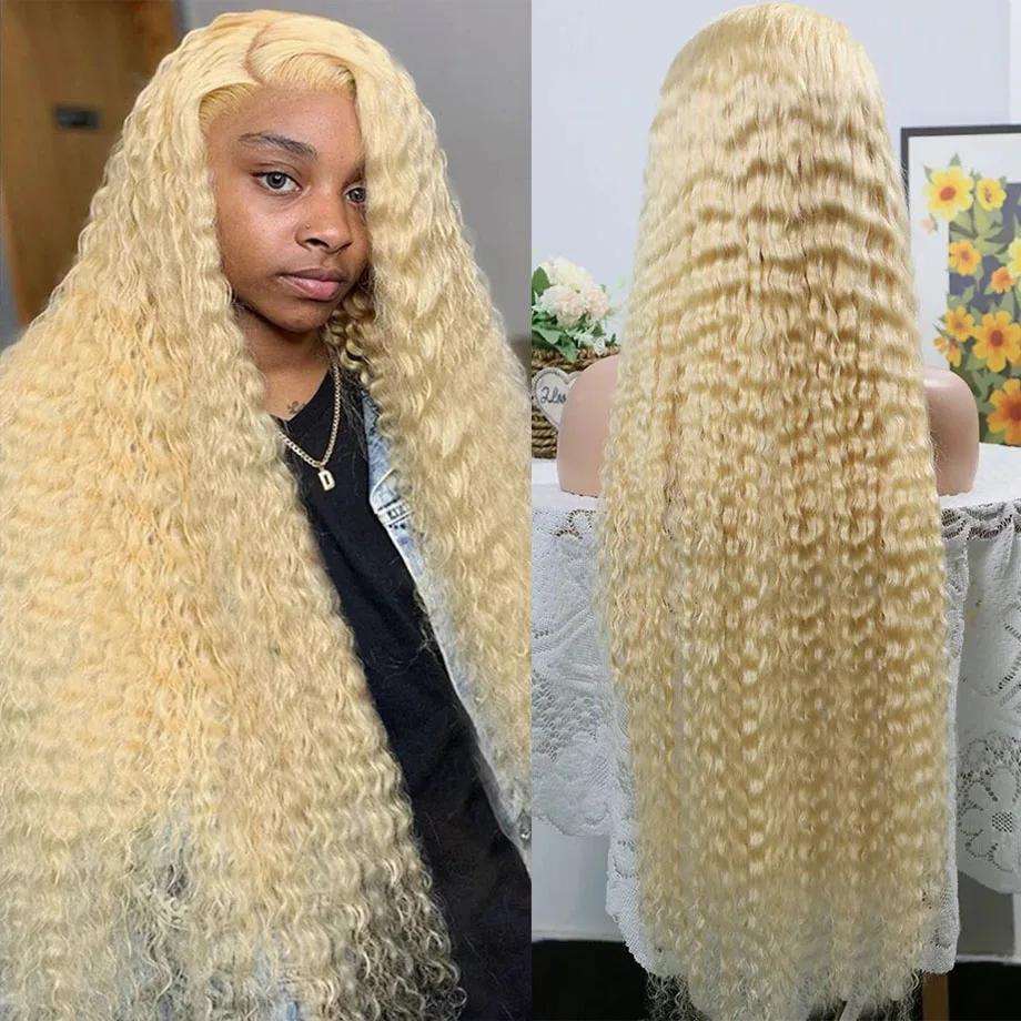 Perruque Deep Wave Lace Front Wig naturelle bouclée, cheveux humains, couleur blonde 613 HD, 13x6, 1