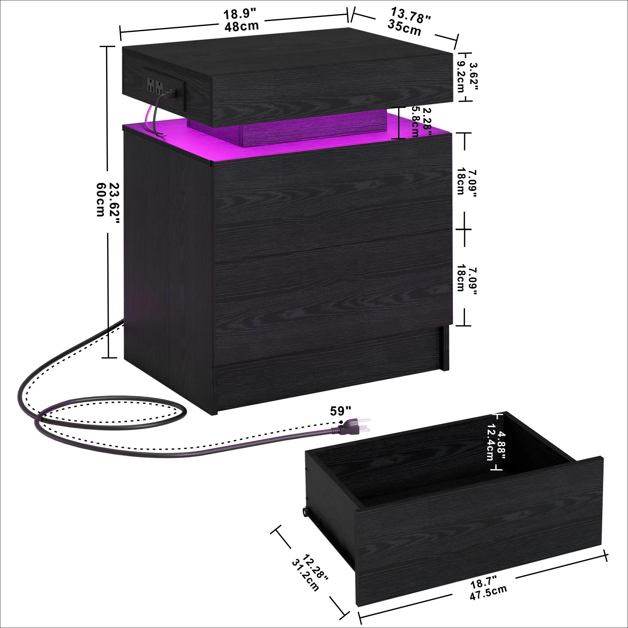LIKIMIO-Table de chevet avec station de charge, table de chevet moderne avec lumière LED et égouts d