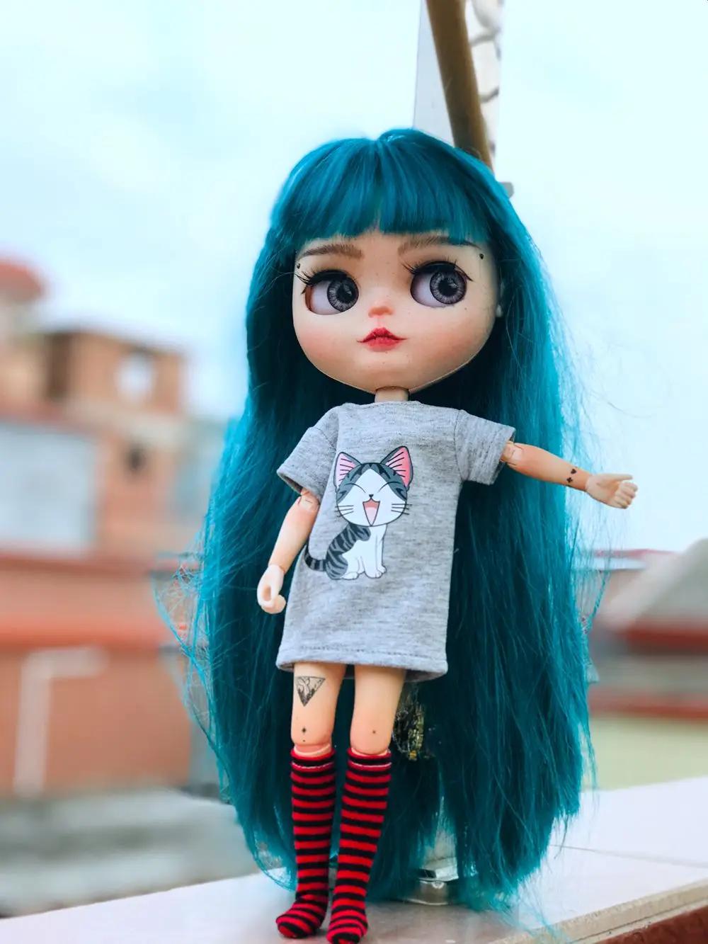 Vêtements Blyth mignons, T-Shirt court imprimé à motif de chat + chaussettes hautes à rayures noires