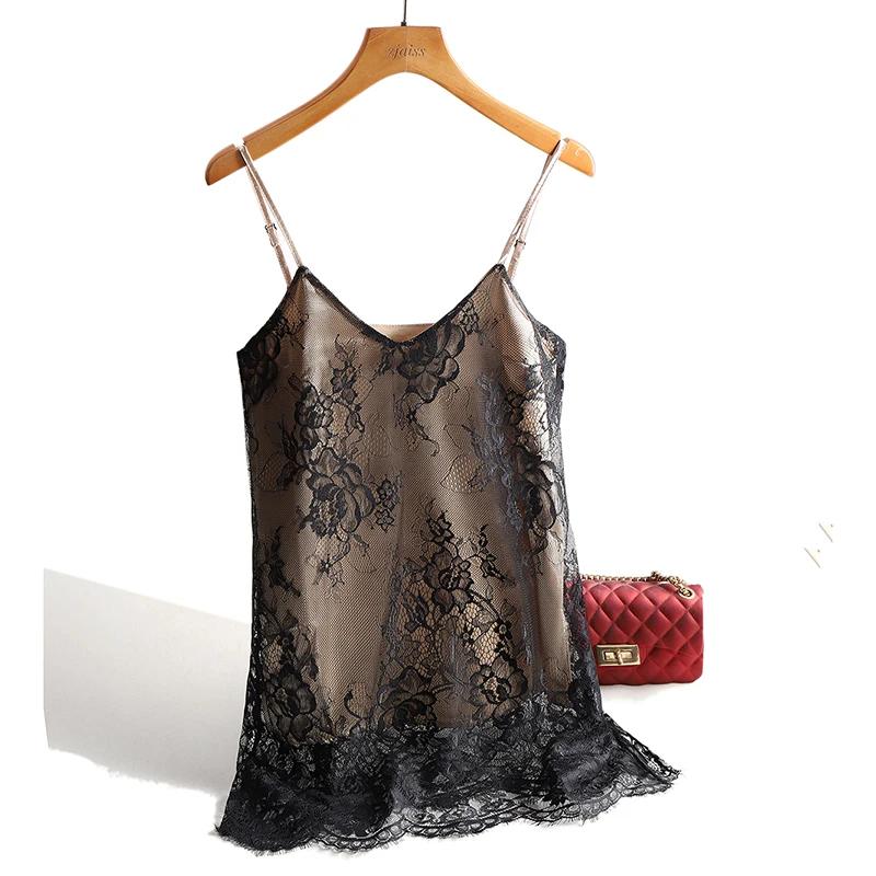 Sexy dentelle Spaghetti sangle haut femmes licou col en V basique Cami sans manches Satin soie débar