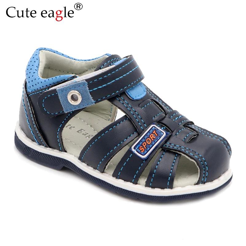Sandales orthopédiques d'été pour garçons, motif aigle mignon, en cuir PU, chaussures plates à bout 