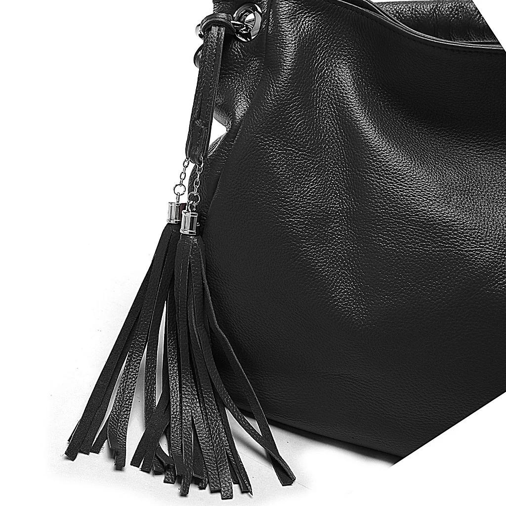 Zency-Sac à main en cuir véritable avec pompon pour femme, sac à main à bandoulière pour femme, noir