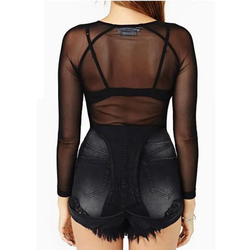Chaud nouveau 2024 printemps été femmes à manches longues Sexy noir maille haut t-shirts Transparent