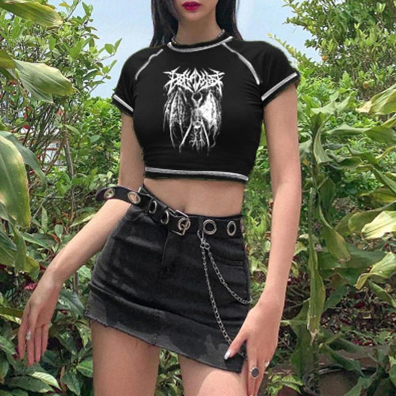 T-shirt femme Harajuku haut court Harajuku rétro coréen noir démon Punk gothique Anime imprimé vêtem