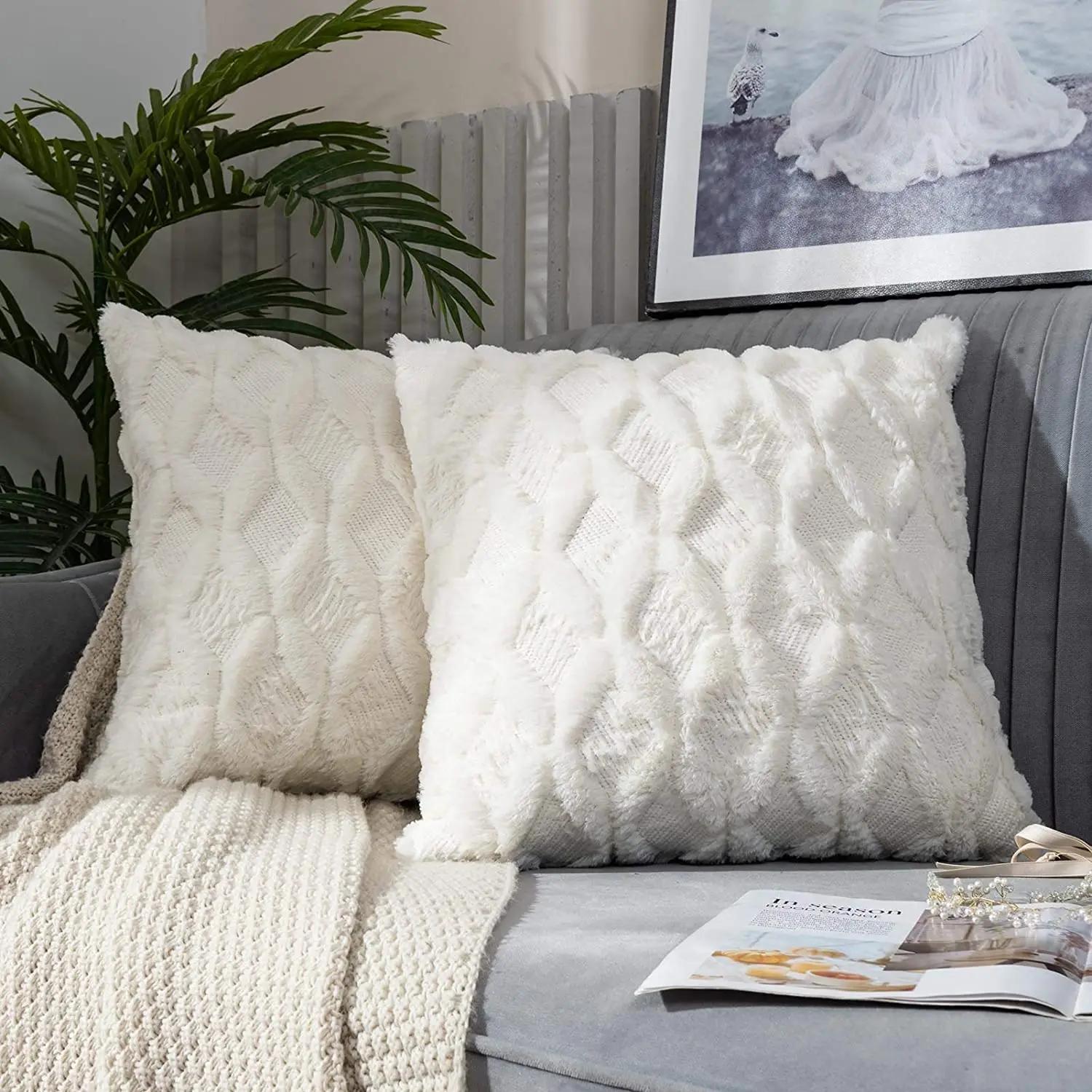 Doux Peluche Laine Courte Velours Décoratif Housses de Coussin Luxe Style pour canapé Chambre Beige 