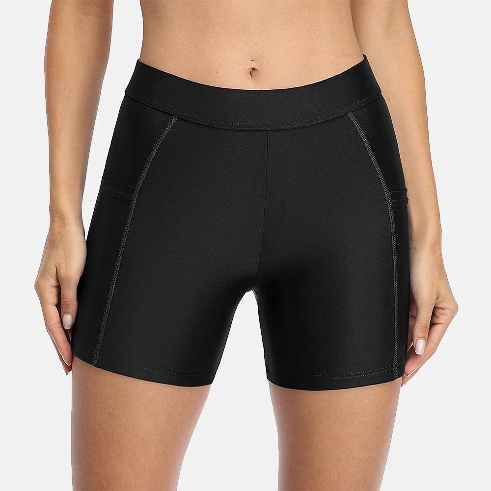Anfilia – short de bain uni avec poches pour femmes, culotte taille haute, maillot de bain solide
