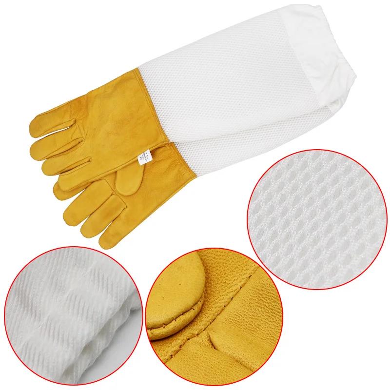 Gants de protection pour l'apiculture, manches respirantes, maille jaune, peau de mouton blanche et 