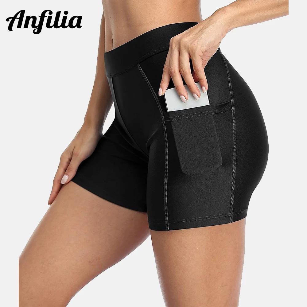 Anfilia – short de bain uni avec poches pour femmes, culotte taille haute, maillot de bain solide