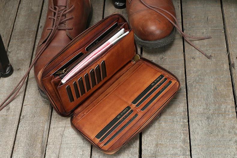 Vintage en cuir véritable portefeuille hommes en cuir long portefeuille hommes sac à main pochette m