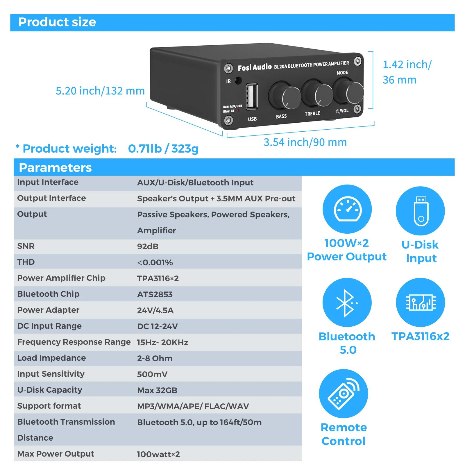 Fosi Audio-Amplificateur de Puissance Sonore Bluetooth TPA3116, 2,1 CH, 100W, Mini HiFi Classe D, Ba
