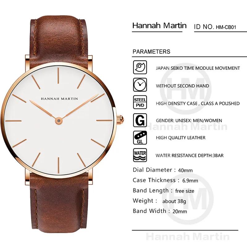 Hannah Martin marque mode japon montres à Quartz argent marron cuir hommes montre étanche robe montr