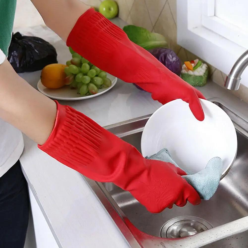 Gants de cuisine à manche longue en caoutchouc rouge, pour laver la vaisselle et livres, en latex im