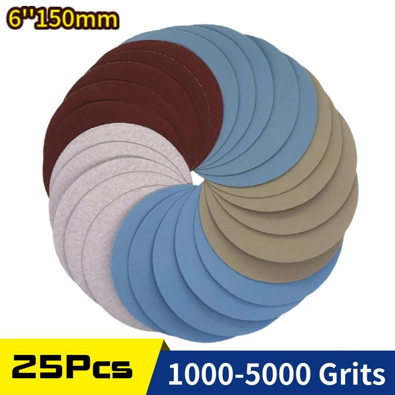 25 pièces 6 pouces 150MM flocage papier de verre humide sec crochet et boucle disque de ponçage 1000