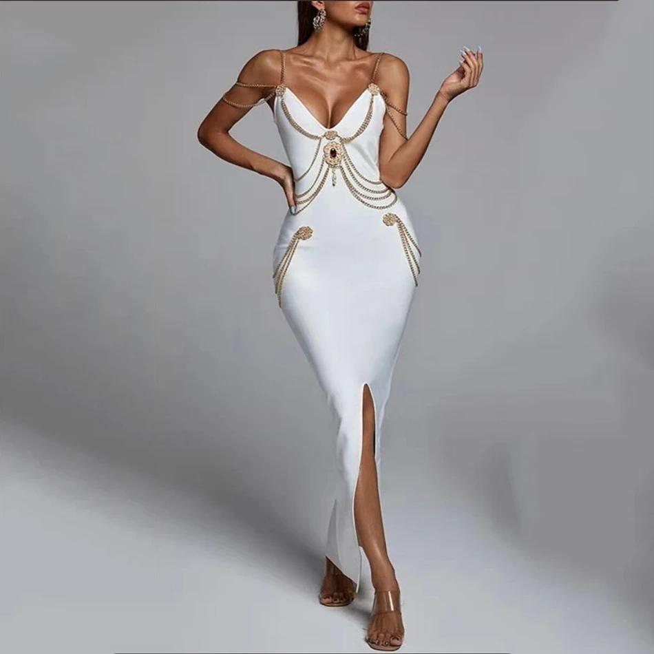 JOSpaghetti Strap V-Neck Split Bandage fur s, High Quality, Long fur s for Celebrity Club Party, Edu