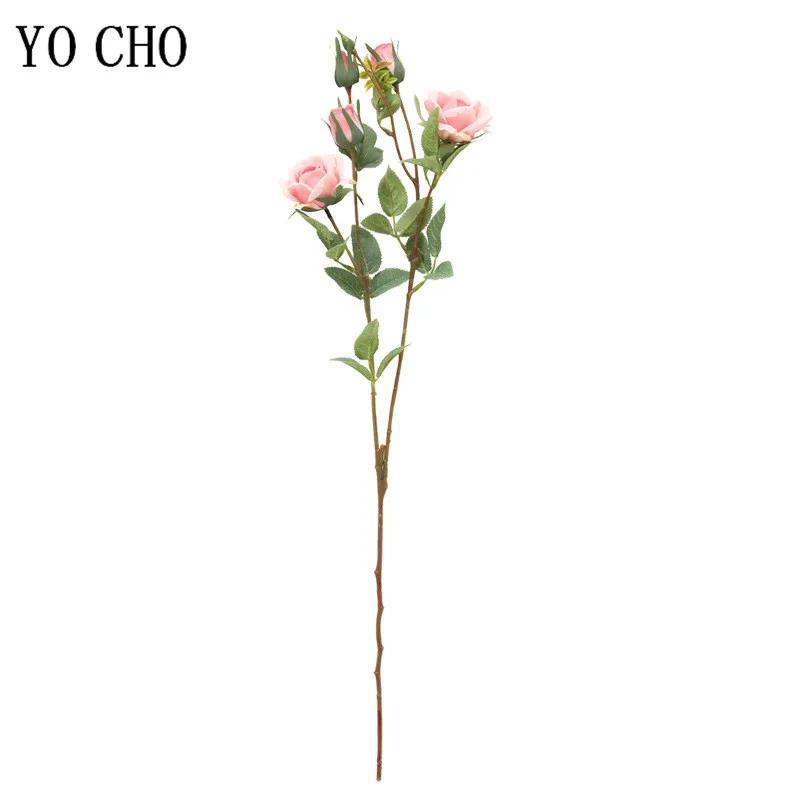YO CHO – roses artificielles en soie, fausses fleurs de haute qualité, longue branche, 5 têtes, pour