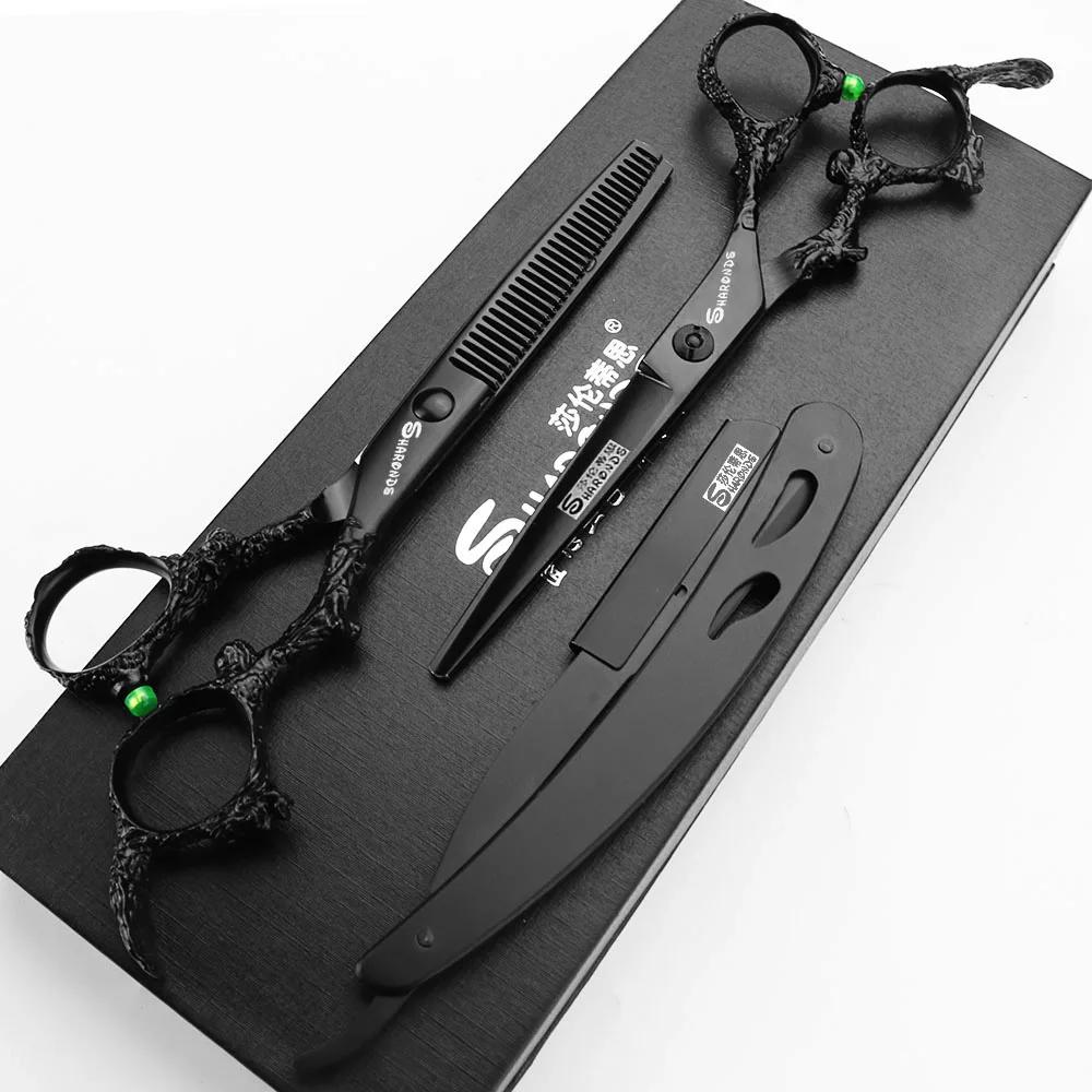 Sharonds-Ciseaux de Coupe Professionnels en Acier 440c, 6/7/8 Argent, Manche Dragon Noir, pour Salon