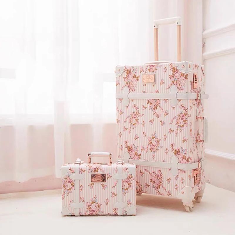 Valise de voyage Vintage pour femmes, ensemble de sac à main, chariot d'embarquement, bagages, roue 