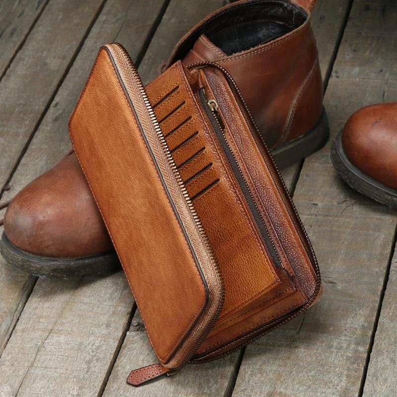 Vintage en cuir véritable portefeuille hommes en cuir long portefeuille hommes sac à main pochette m