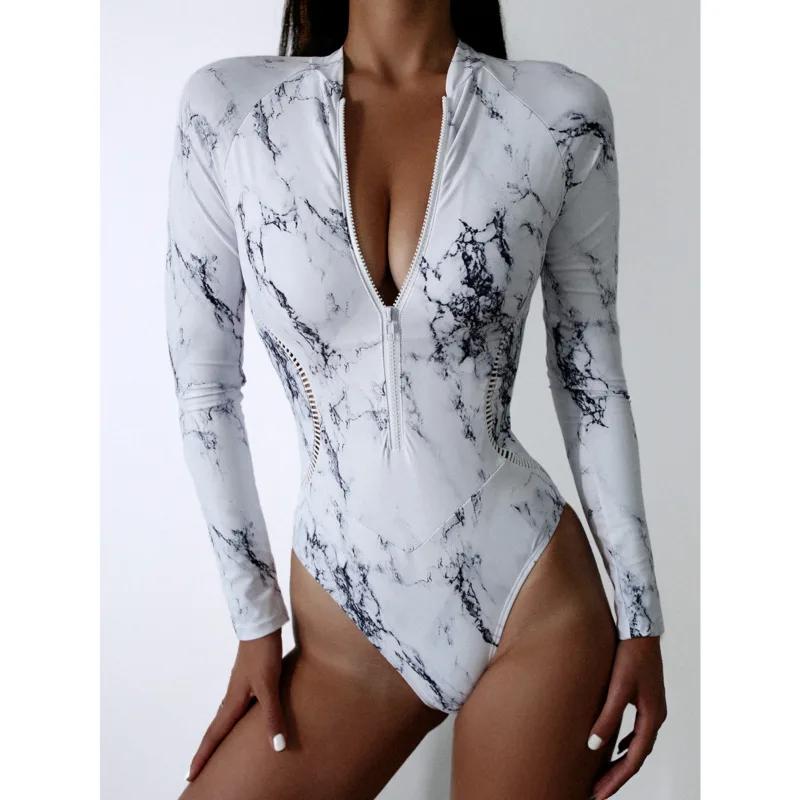 Été impression fermeture éclair une pièce maillot de bain fermé à manches longues maillots de bain s