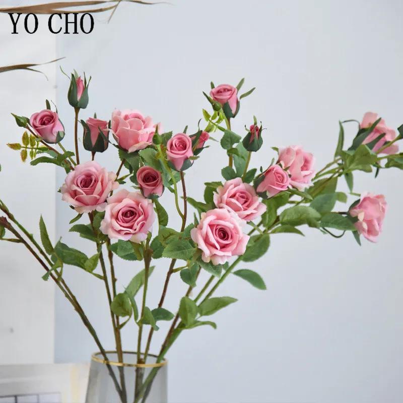 YO CHO – roses artificielles en soie, fausses fleurs de haute qualité, longue branche, 5 têtes, pour