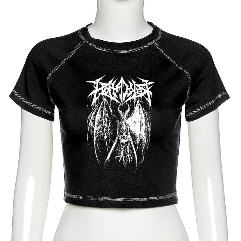 T-shirt femme Harajuku haut court Harajuku rétro coréen noir démon Punk gothique Anime imprimé vêtem