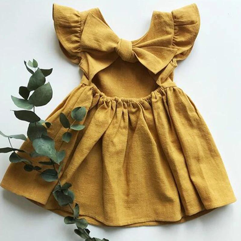 Robe d'été Style coréen pour petites filles, manches volantes, en coton et lin, tenue princesse pour
