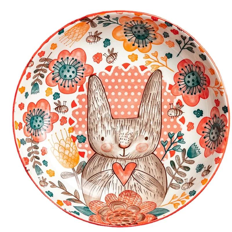 Filles et assiette peints à la main lapin mignon, UnderVest, bol à soupe domestique en céramique, bo