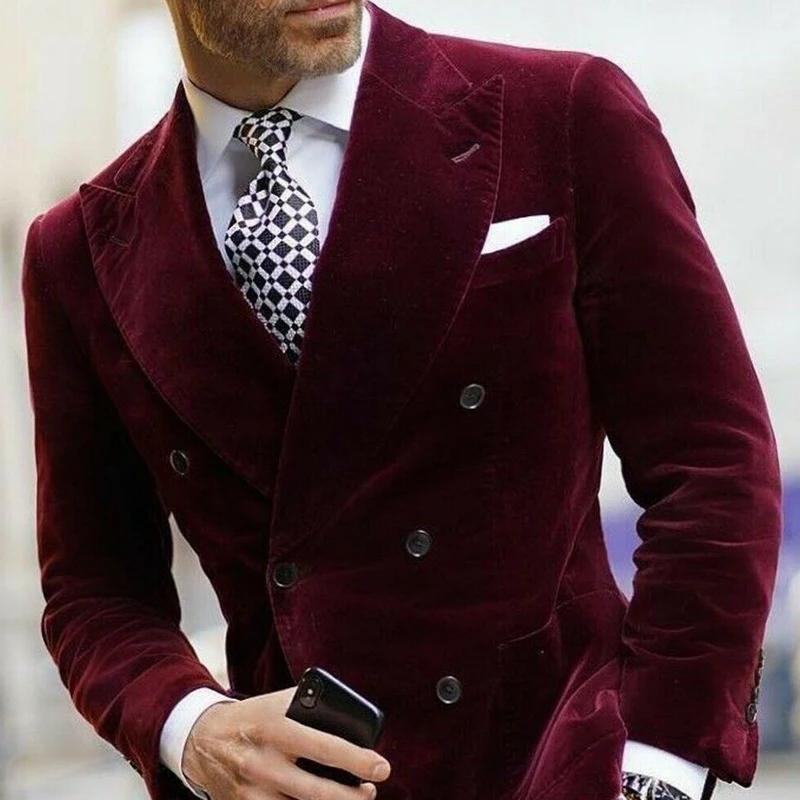 Blazer en velours bordeaux pour hommes, veste de dîner à Double boutonnage, manteau de costume éléga