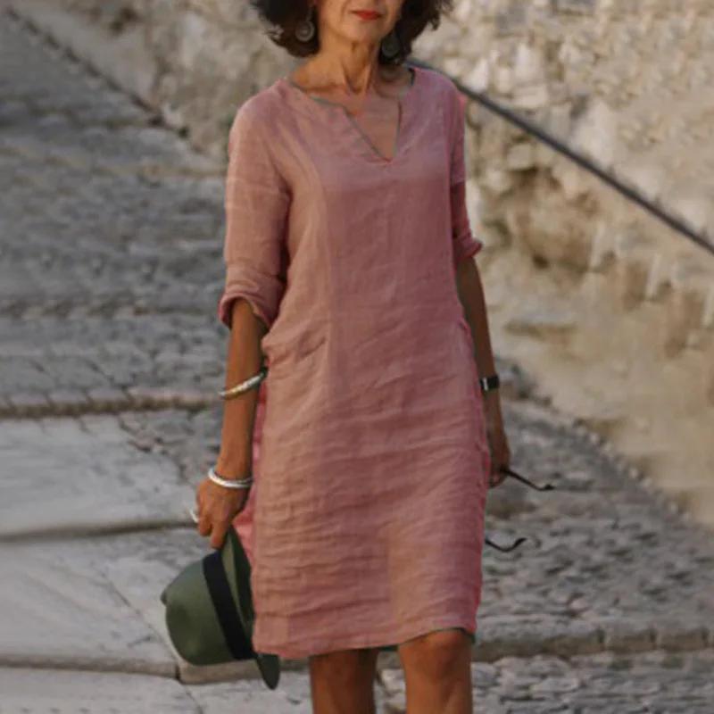 Mini robe Vintage en coton et lin pour femmes, couleur unie, mode d'été, col en v, manches trois qua