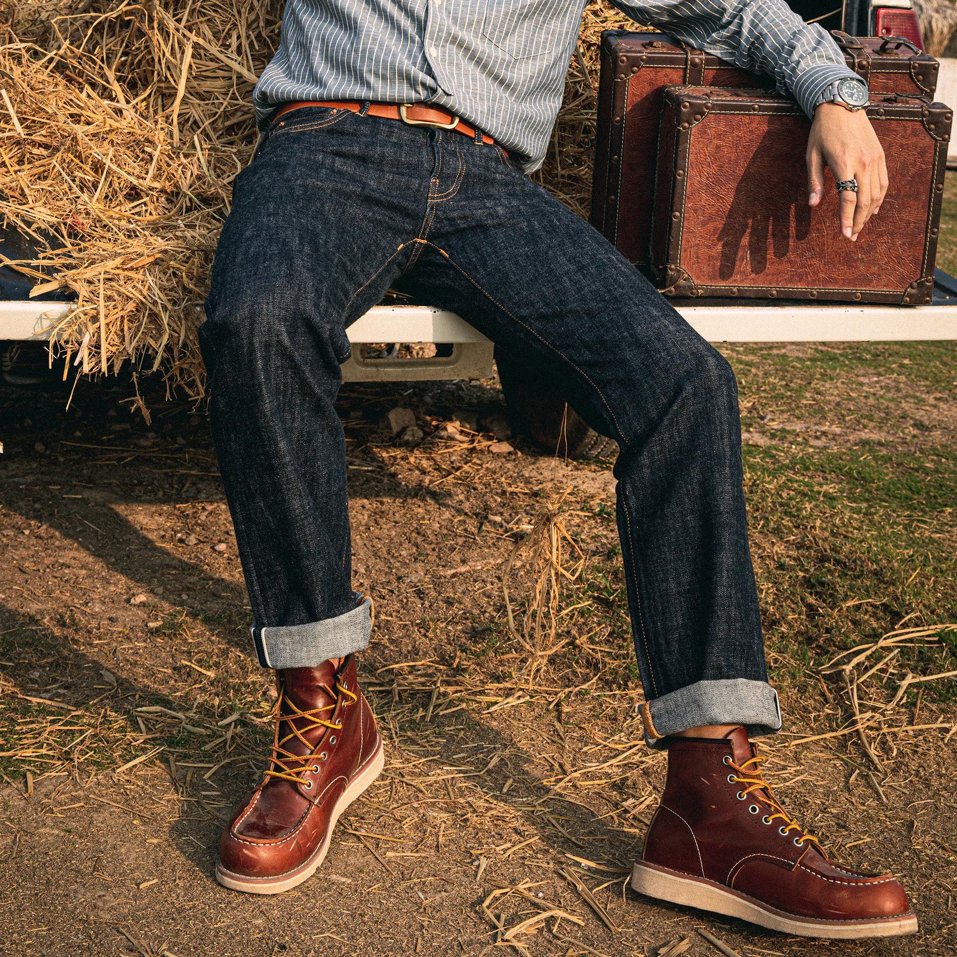 710-0001B Red Tornade Jean en denim 14oz à taille haute, selvedge indigo brut, délavé, sanforisé