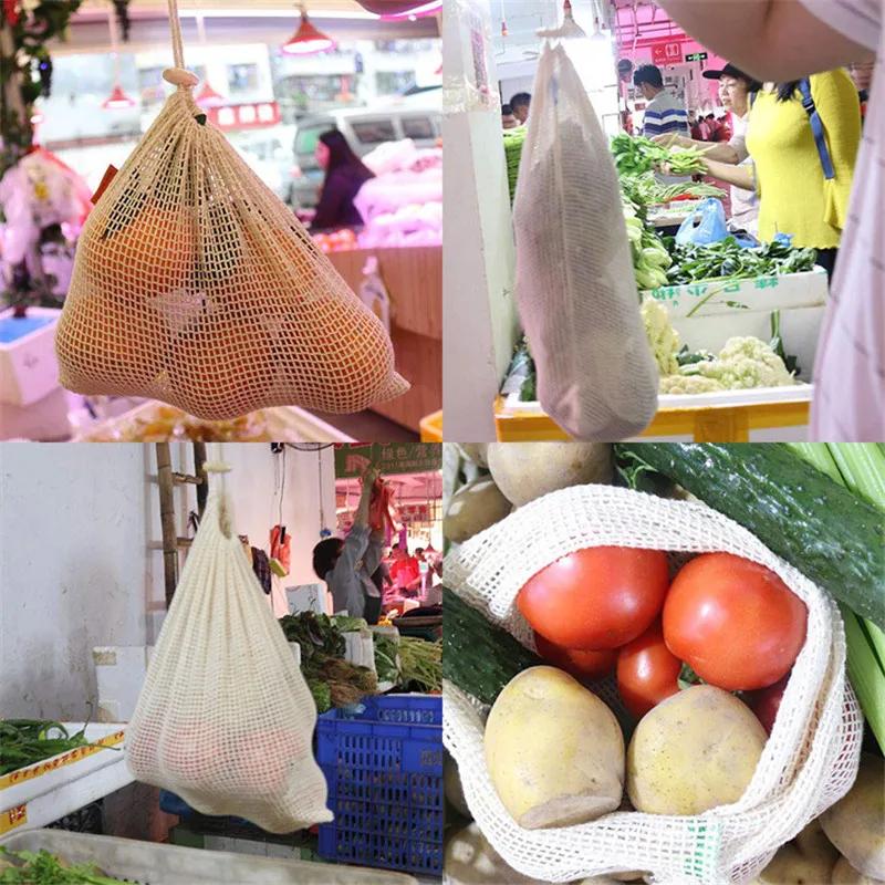 Sacs de produits en maille de coton réutilisables, pour légumes, fruits, aliments, cuisine, sac de r
