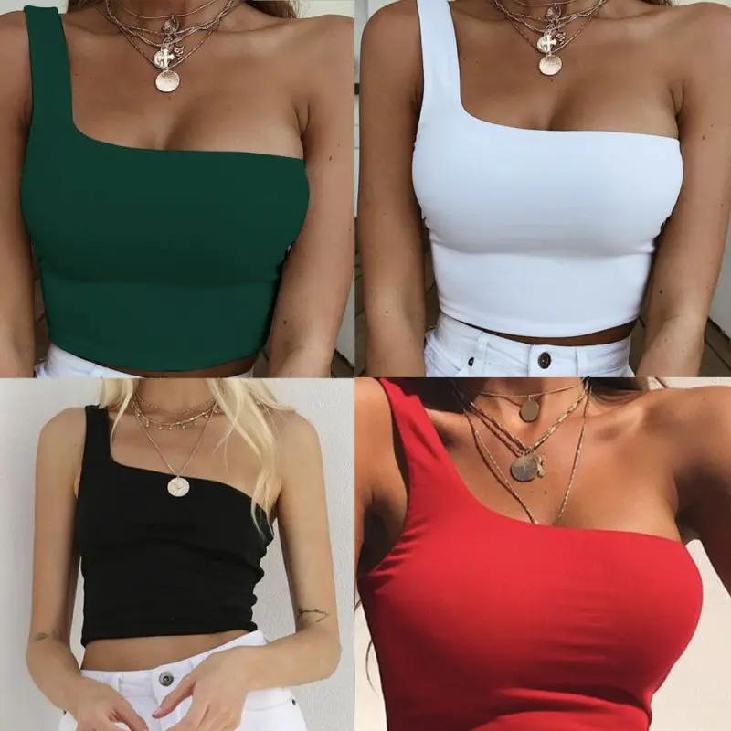 Femmes dame femme une épaule culture hauts sans manches T-Shirt débardeurs été plage gilet nu ventre