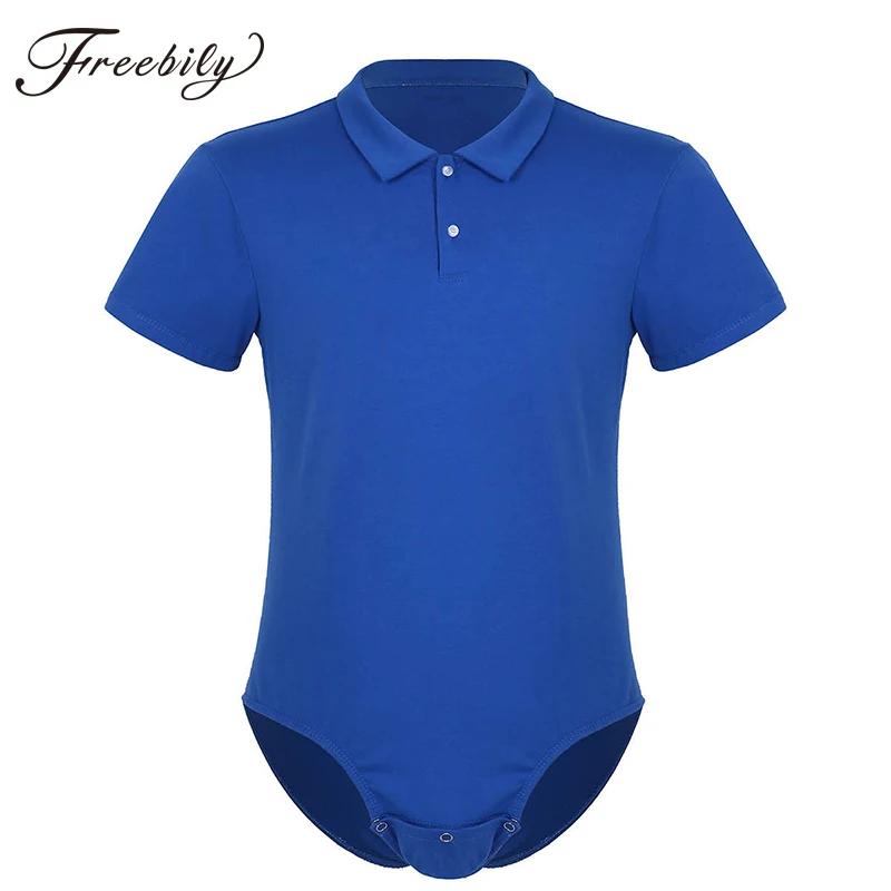 Adulte hommes une pièce Body Catsuit à manches courtes col rabattu bouton-pression entrejambe chemis