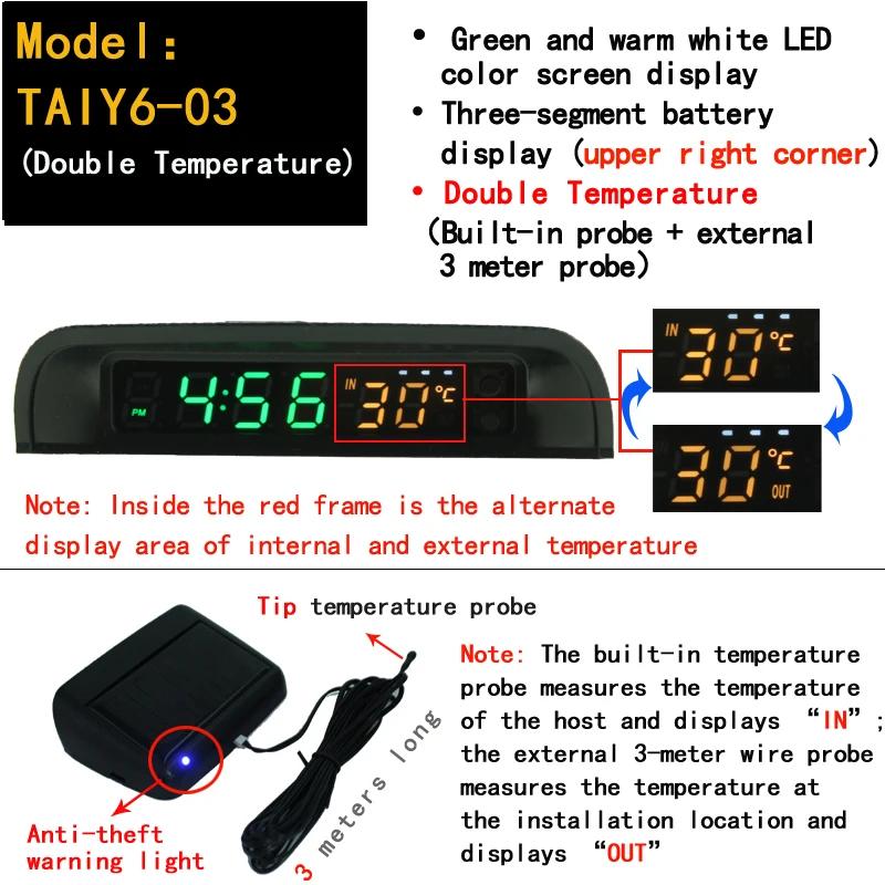 Horloge numérique de voiture solaire, thermomètre à double affichage couleur, interrupteur intellige