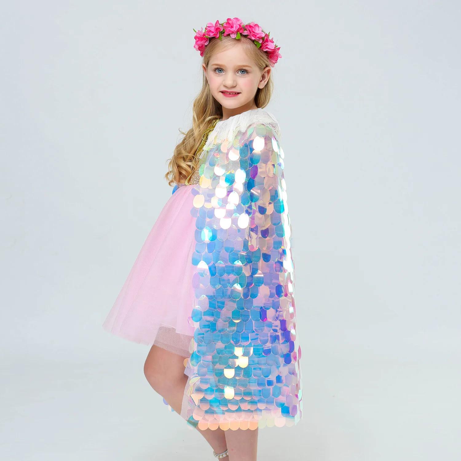 Cape à paillettes pour filles, petite sirène, vêtements de fête sur la plage, châle arc-en-ciel, Cos