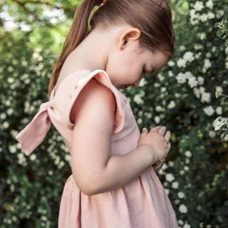 Robe d'été Style coréen pour petites filles, manches volantes, en coton et lin, tenue princesse pour