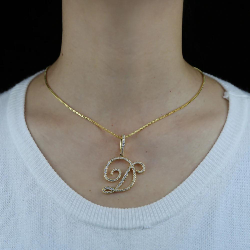 Collier pendentif avec 26 lettres initiales cursives, Micro pavé 5A, zircone cubique, bijoux avec no
