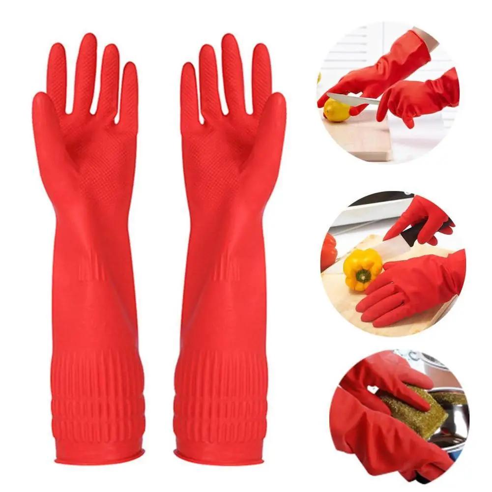 Gants de cuisine à manche longue en caoutchouc rouge, pour laver la vaisselle et livres, en latex im