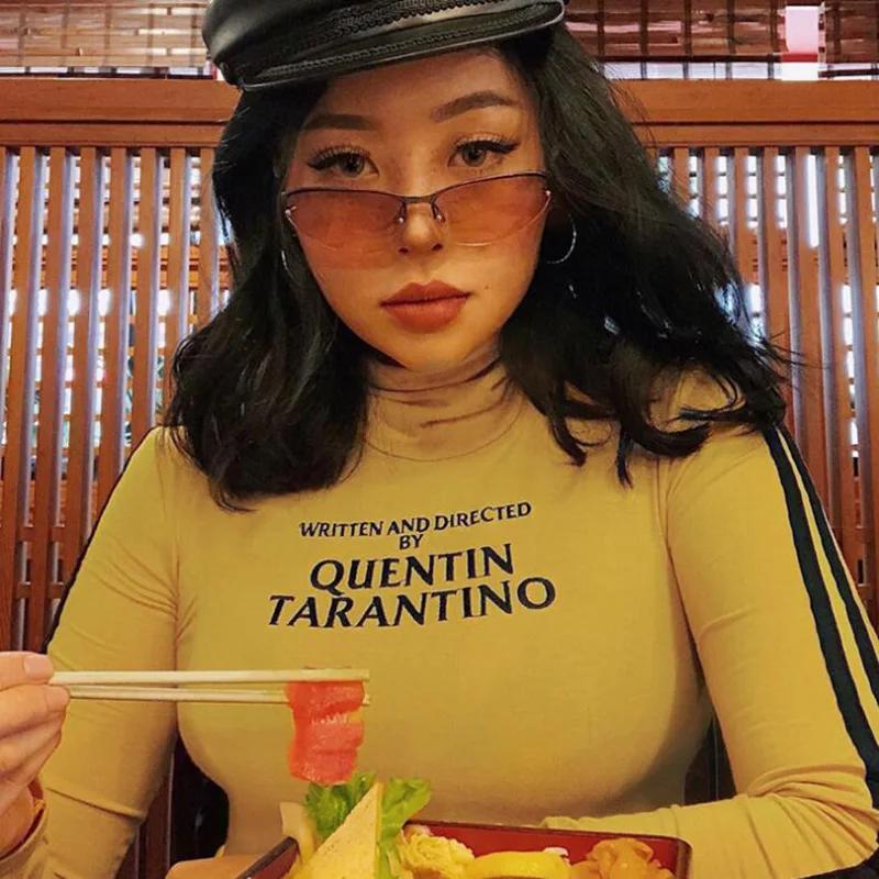 2025 mode Quentin Tarantino Sexy culture hauts femmes côté rayure à manches longues col roulé coton 