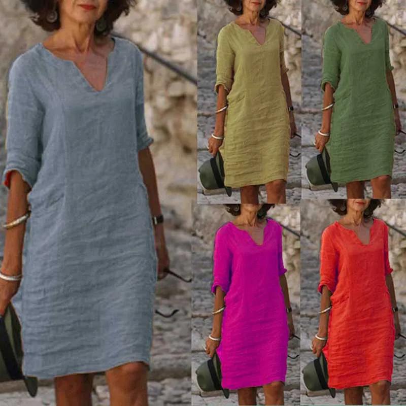 Mini robe Vintage en coton et lin pour femmes, couleur unie, mode d'été, col en v, manches trois qua