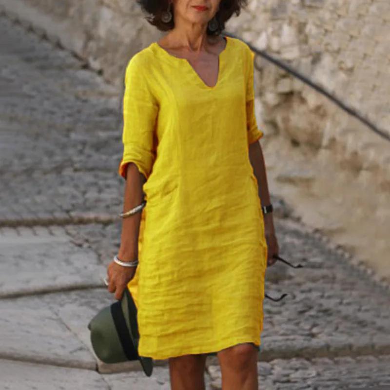 Mini robe Vintage en coton et lin pour femmes, couleur unie, mode d'été, col en v, manches trois qua