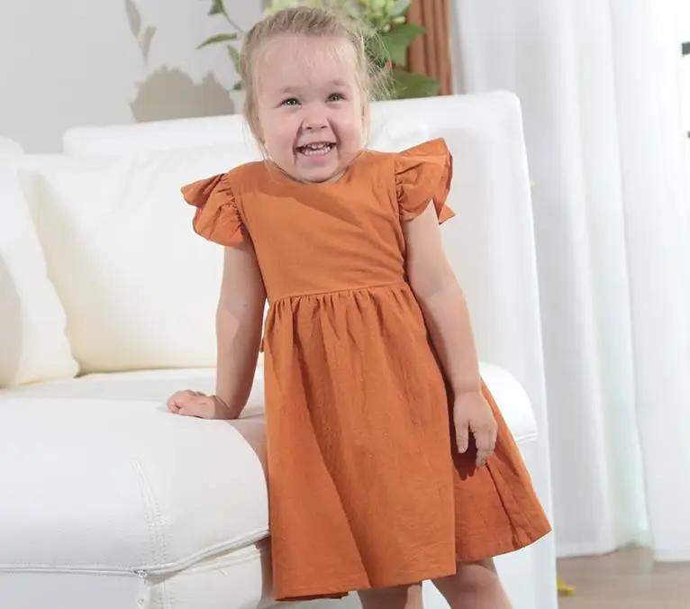 Robe d'été Style coréen pour petites filles, manches volantes, en coton et lin, tenue princesse pour